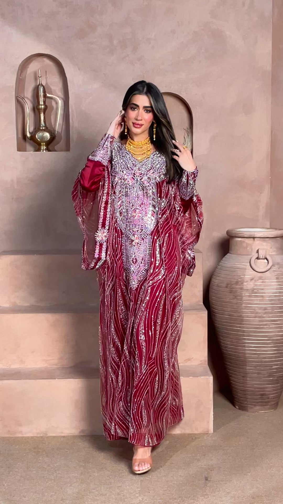 Rose mauve luxury kaftan featuring intricate crystal and silver embellishments with elegant wave-pattern beadwork, ideal for Eid, weddings, receptions, and special occasions.