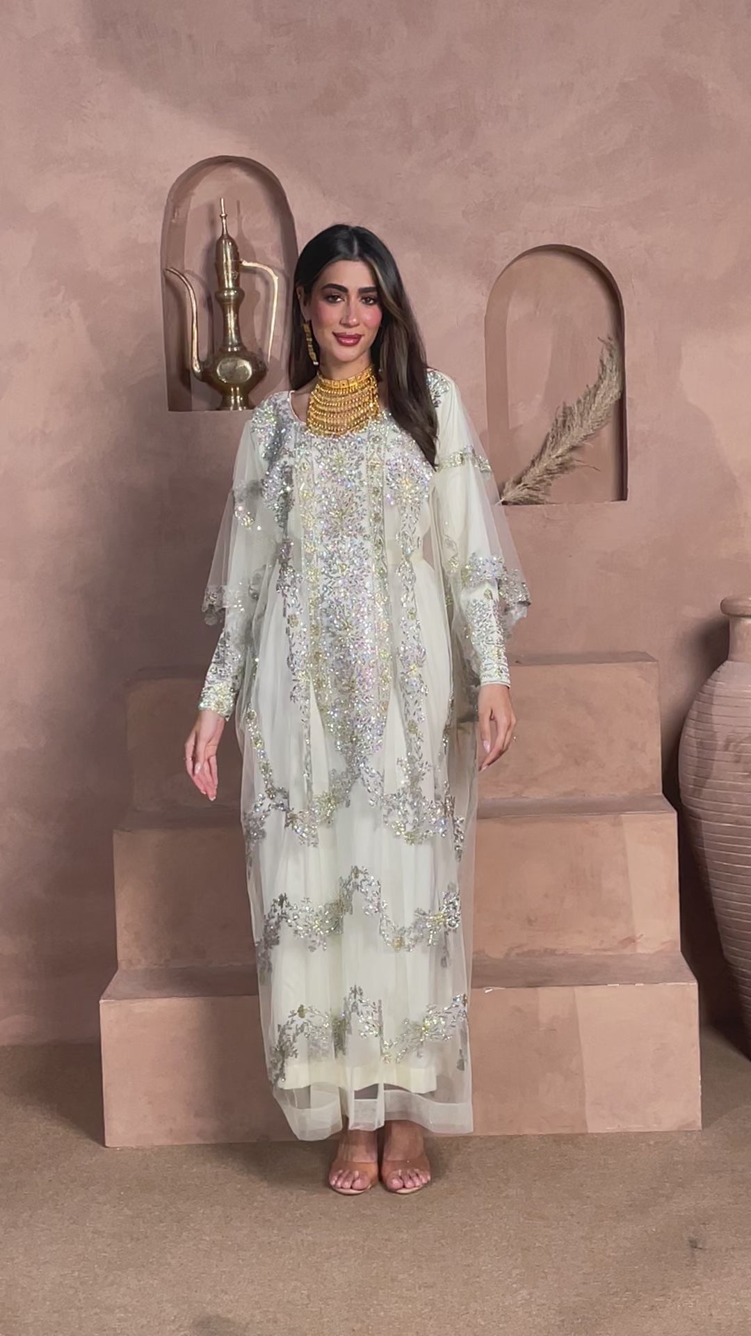 Luxury Ivory Emirati Kaftan for Women – Embellished Arabic Occasion Wear
