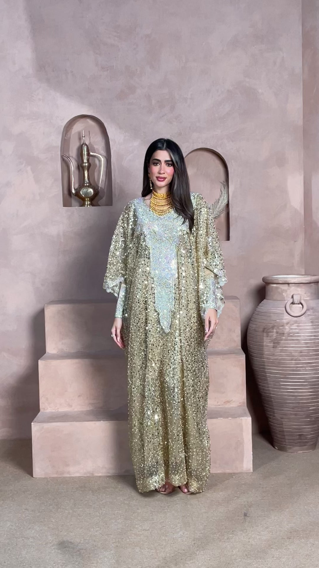 Luxury Gold Sequin Kaftan with Intricate Silver Embroidery
