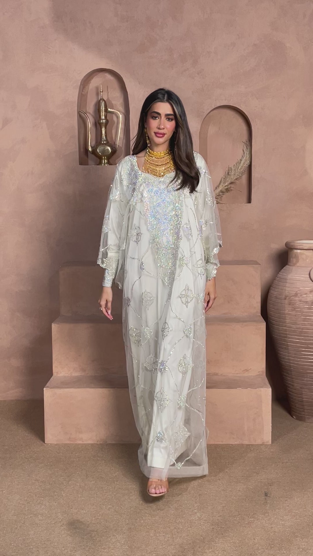 Luxury Ivory Emirati Kaftan for Women – Crystal Embellished Arabic Occasion Dress